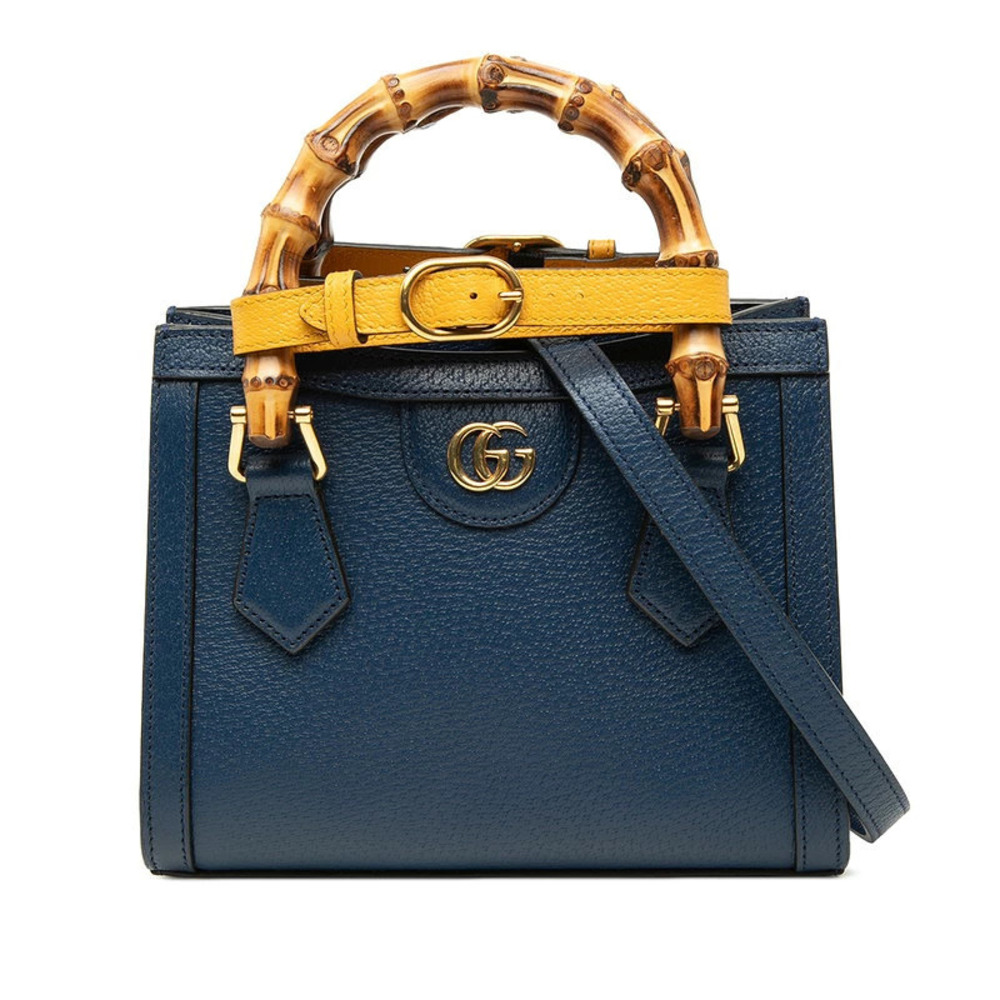 Gucci Bamboo Diana Tote 2way Shoulder Bag Blue Yellow Leather